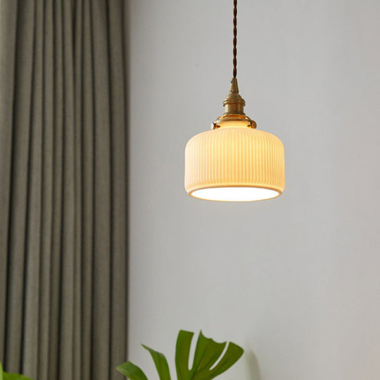 Brooklyn - Retro Retro Style Rounded Drum Suspension Lighting 1Â Head Ceramic Pendant Ceiling Light in Brass