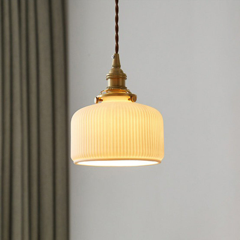 Brooklyn - Retro Retro Style Rounded Drum Suspension Lighting 1Â Head Ceramic Pendant Ceiling Light in Brass