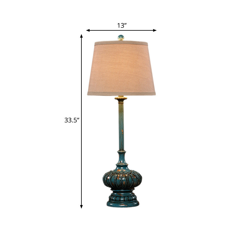 Aqua Column Table Lamp: Traditional Resin 1-Light Nightstand Lamp For Bedroom With Cone Shade