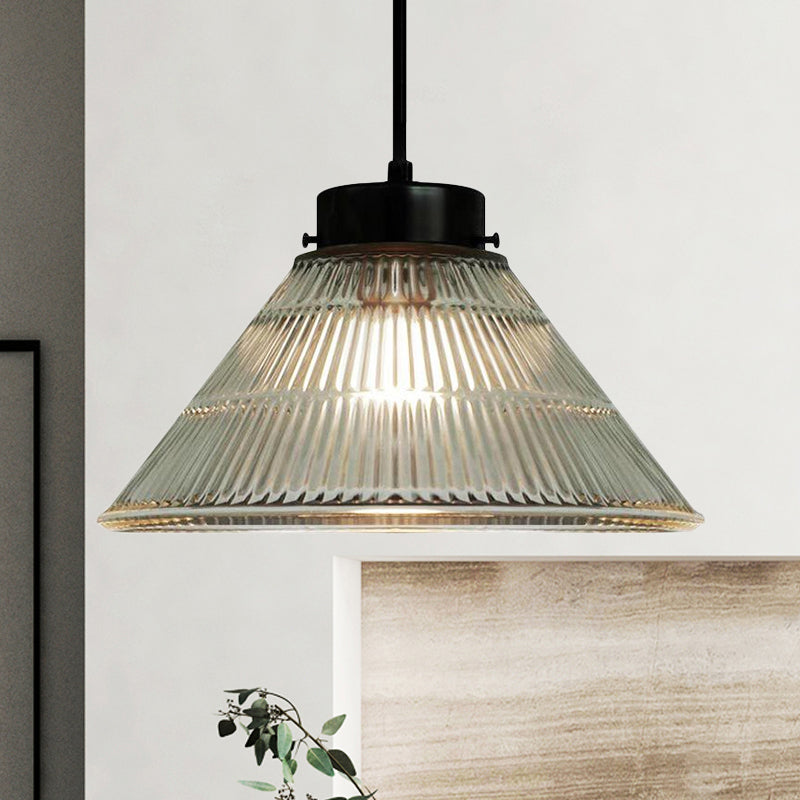 Clear Ribbed Glass Pendant Ceiling Light - Retro Style, Tapered Design - Ideal for Restaurants - 1 Head