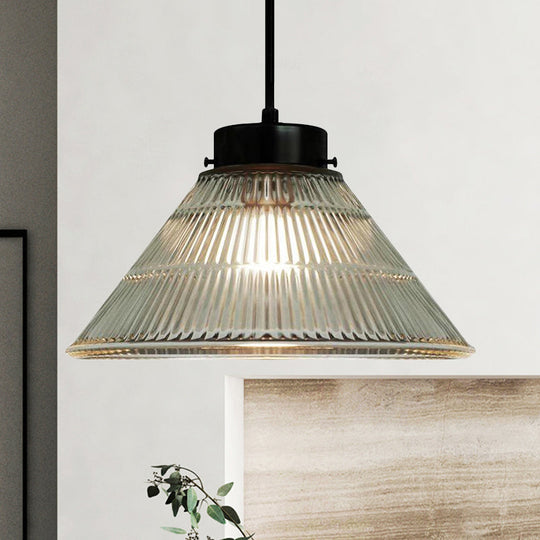 Retro-Style Clear Ribbed Glass Suspension Pendant Light For Restaurants - 1 Head Tapered Design