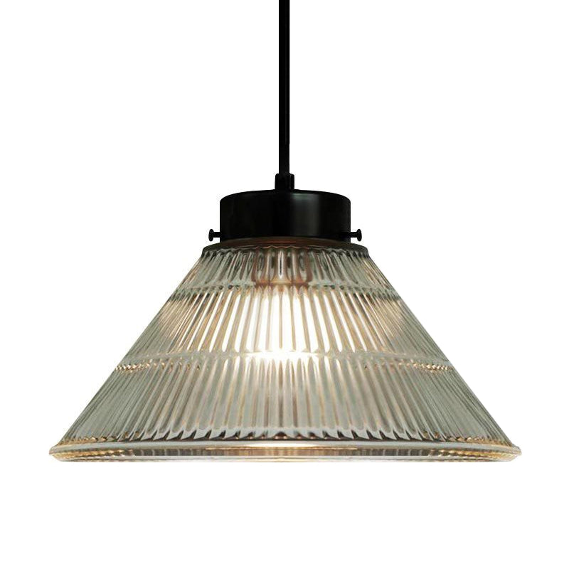 Clear Ribbed Glass Pendant Ceiling Light - Retro Style, Tapered Design - Ideal for Restaurants - 1 Head