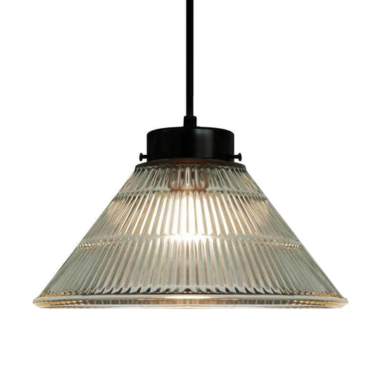 Clear Ribbed Glass Pendant Ceiling Light - Retro Style, Tapered Design - Ideal for Restaurants - 1 Head