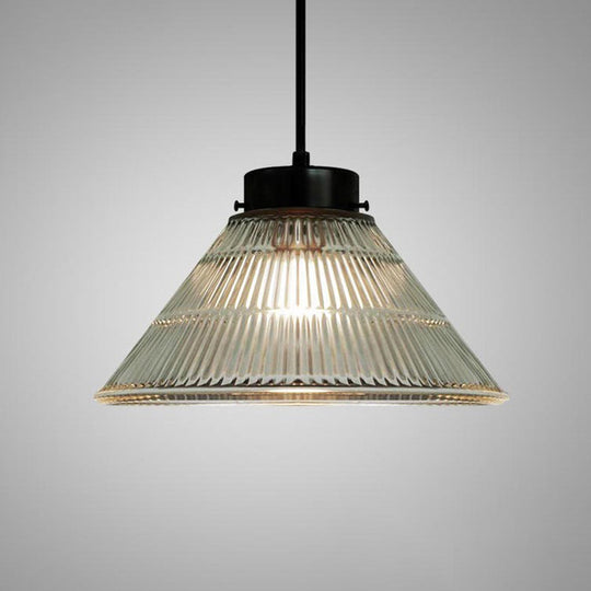 Retro-Style Clear Ribbed Glass Suspension Pendant Light For Restaurants - 1 Head Tapered Design