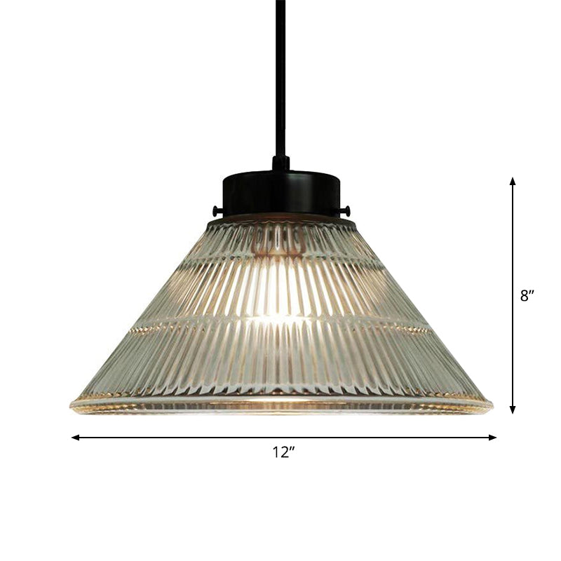 Clear Ribbed Glass Pendant Ceiling Light - Retro Style, Tapered Design - Ideal for Restaurants - 1 Head