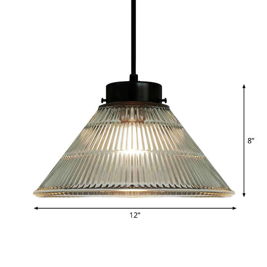 Clear Ribbed Glass Pendant Ceiling Light - Retro Style, Tapered Design - Ideal for Restaurants - 1 Head