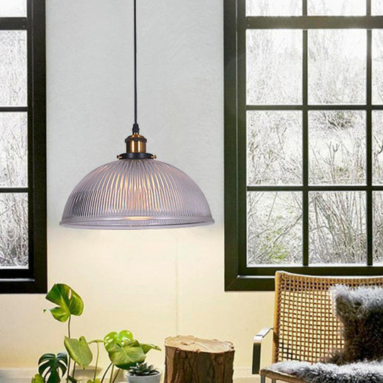 Industrial Dome Clear Ribbed Glass Hanging Pendant Light - Perfect for Restaurants