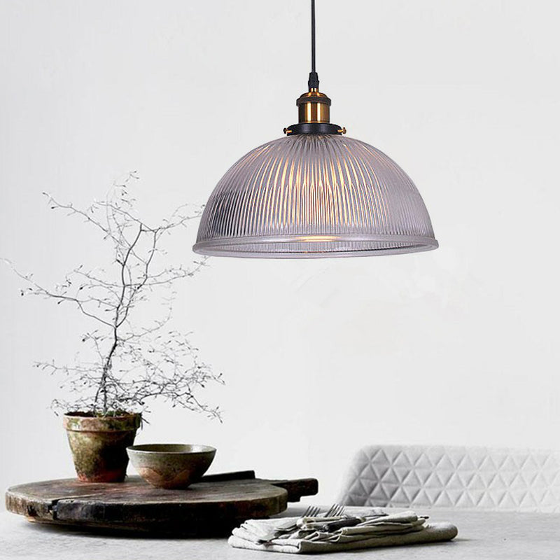 Industrial Dome Clear Ribbed Glass Hanging Pendant Light For Restaurant - Single Ceiling Fixture