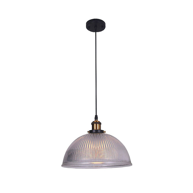 Industrial Dome Clear Ribbed Glass Hanging Pendant Light For Restaurant - Single Ceiling Fixture