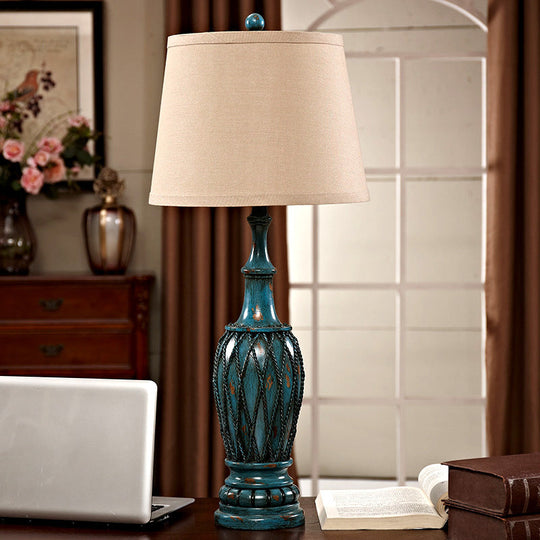 Traditional Resin Aqua Vase Night Light - 1 Table Lamp For Study Room With Fabric Shade