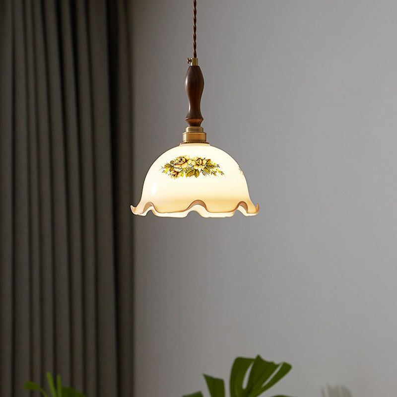 Cream Glass Retro Suspension Light with Ruffle Edge - Perfect for Dining Room