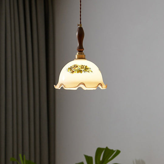 Retro Style Cream Glass Pendant Light With Ruffle Edge Suspension For Dining Room / B