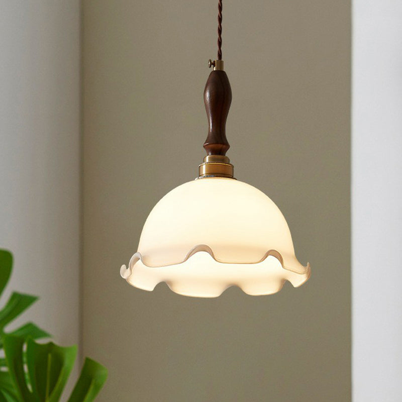 Retro Style Cream Glass Pendant Light With Ruffle Edge Suspension For Dining Room