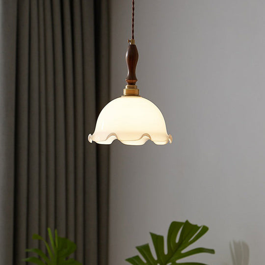 Retro Style Cream Glass Pendant Light With Ruffle Edge Suspension For Dining Room / A