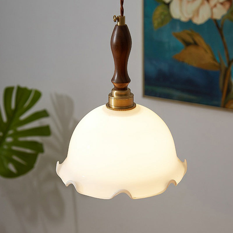 Retro Style Cream Glass Pendant Light With Ruffle Edge Suspension For Dining Room