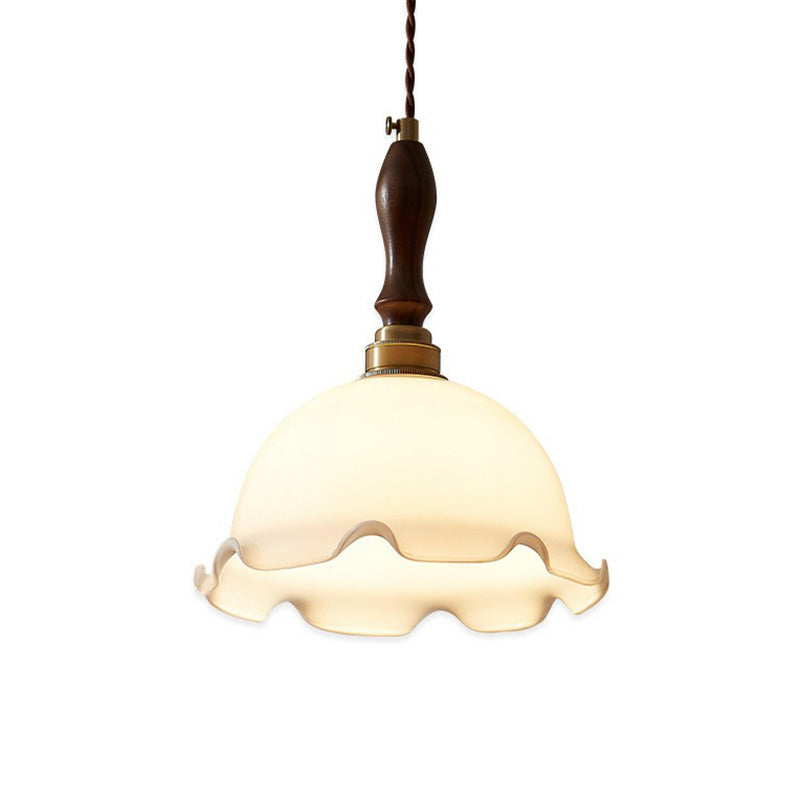 Cream Glass Retro Suspension Light with Ruffle Edge - Perfect for Dining Room