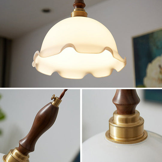 Retro Style Cream Glass Pendant Light With Ruffle Edge Suspension For Dining Room