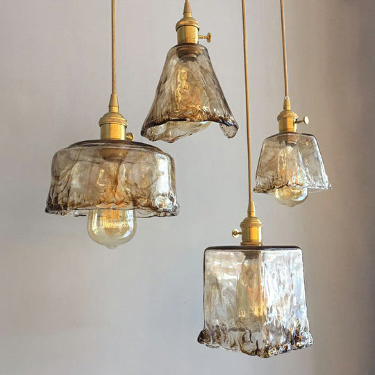 Antique Shaded Pendant Light - 1-Light Brown Glass Hanging Light in Brass for Dining Room Decor