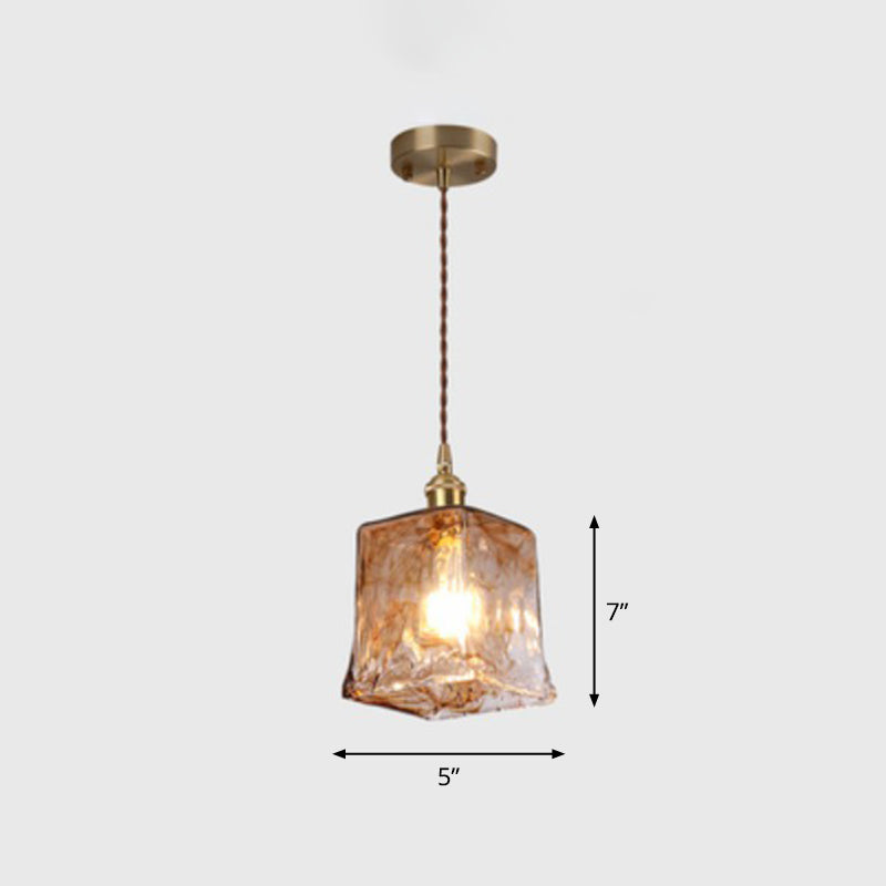 Antique Shaded Pendant Light - 1-Light Brown Glass Hanging Light in Brass for Dining Room Decor