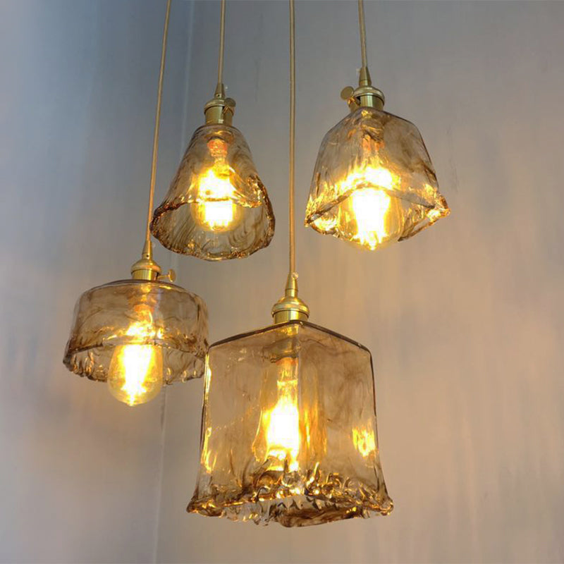 Antique Shaded Pendant Light - 1-Light Brown Glass Hanging Light in Brass for Dining Room Decor