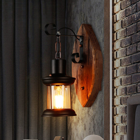 Coastal Wood And Black Lantern Sconce: Wall Lamp For Corridor