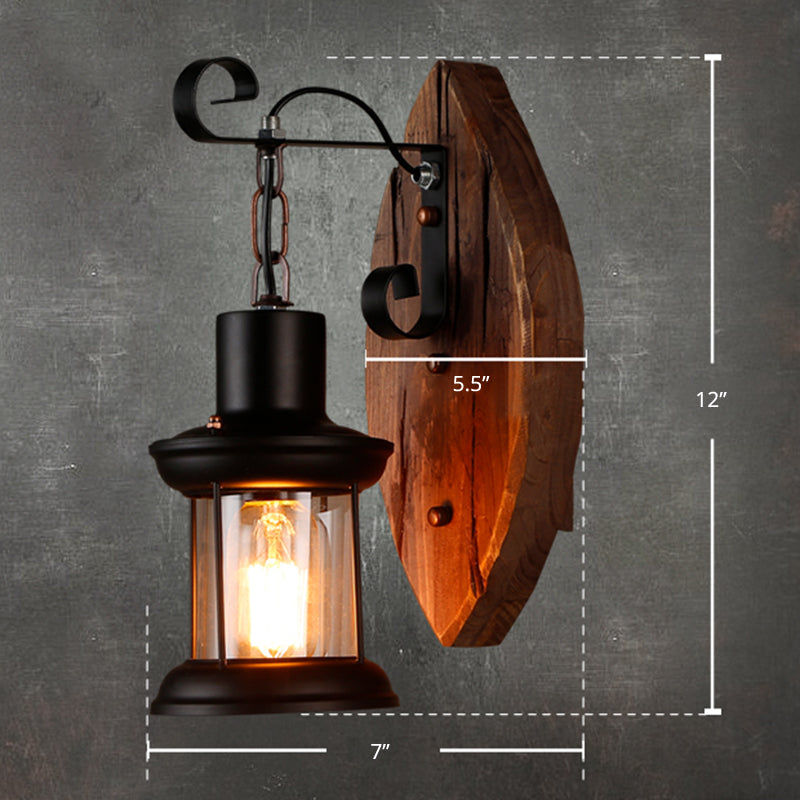 Coastal Wood And Black Lantern Sconce: Wall Lamp For Corridor