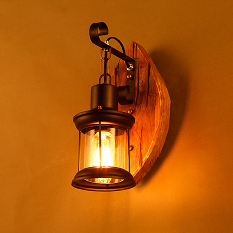 Coastal Wood And Black Lantern Sconce: Wall Lamp For Corridor