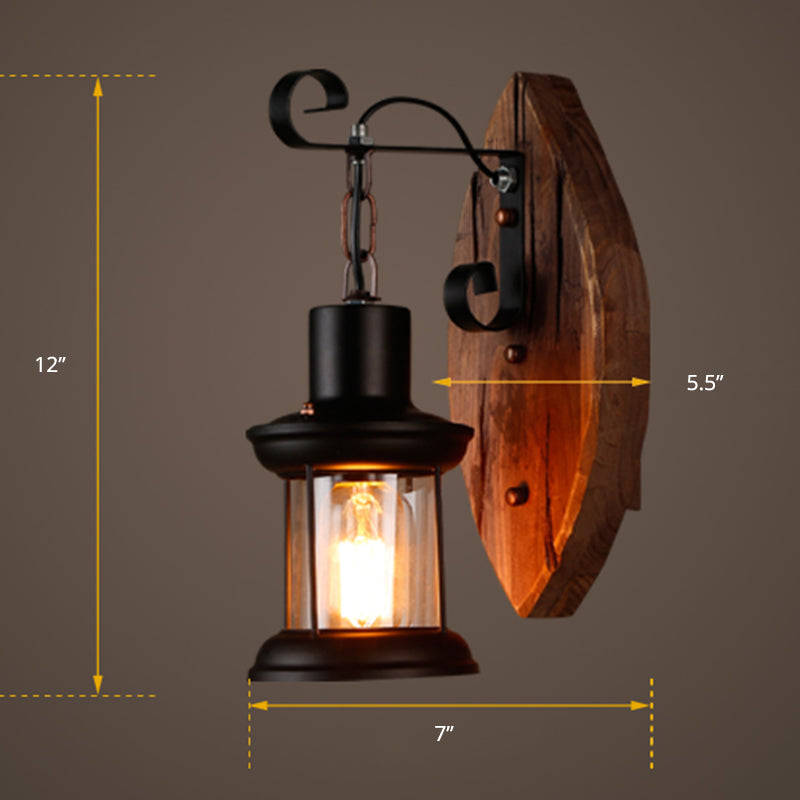 Coastal Wood And Black Lantern Sconce: Wall Lamp For Corridor