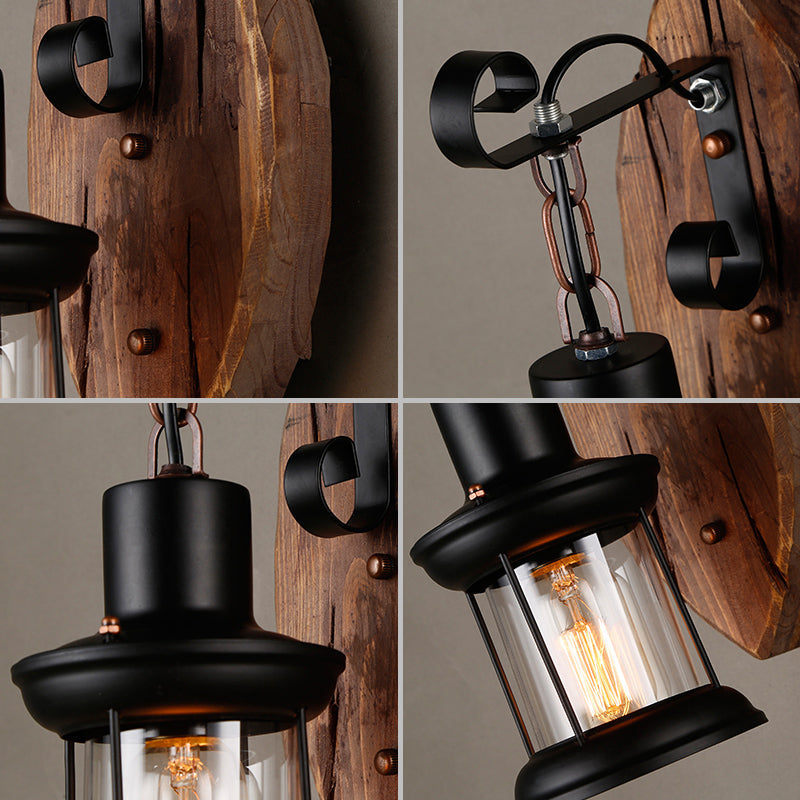 Coastal Wood And Black Lantern Sconce: Wall Lamp For Corridor