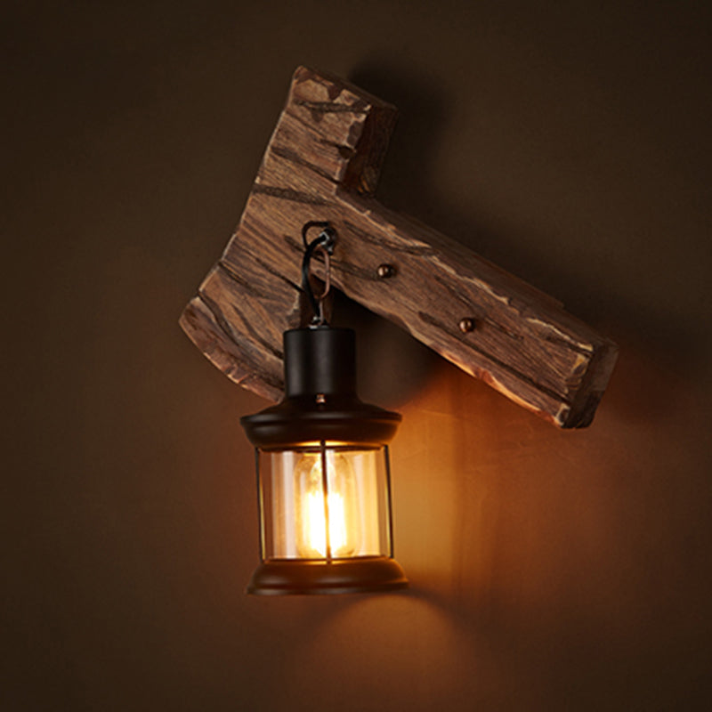 Country Style Wooden Wall Sconce With Lantern Shade - Bedroom Lighting