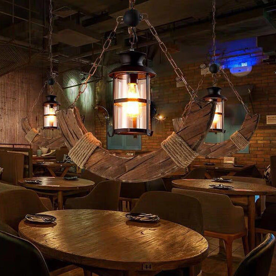 Nautical Single Bar Pendant Light with Clear Glass Cylinder and Wooden Arc Decoration