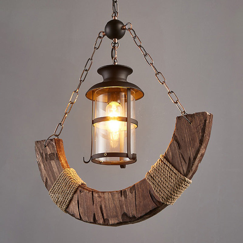 Nautical Single Bar Pendant Light with Clear Glass Cylinder and Wooden Arc Decoration