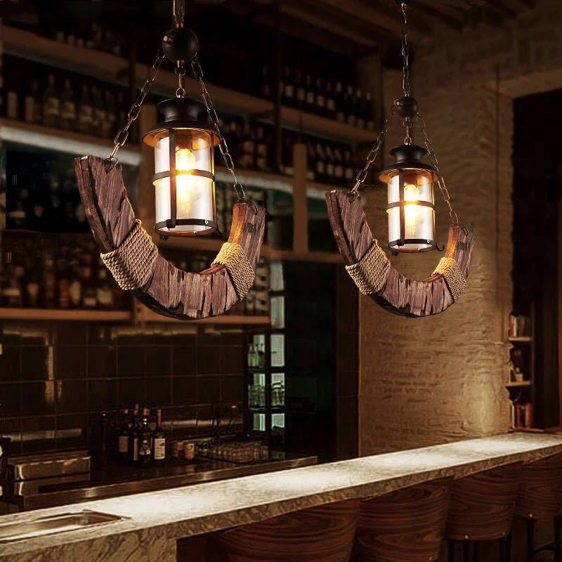 Nautical Single Bar Pendant Light with Clear Glass Cylinder and Wooden Arc Decoration