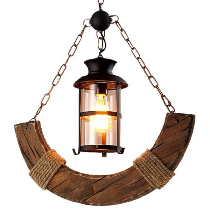 Nautical Single Bar Pendant Light with Clear Glass Cylinder and Wooden Arc Decoration