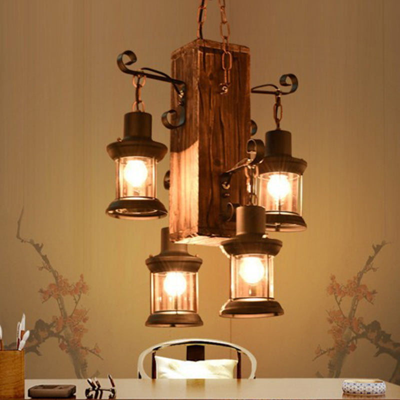 Rustic Wood Lantern Chandelier With Clear Glass Shades - Ideal For Restaurants