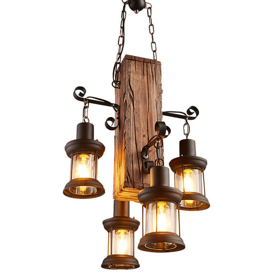 Rustic Glass Lantern Chandelier with 4 Wooden Heads for Restaurants