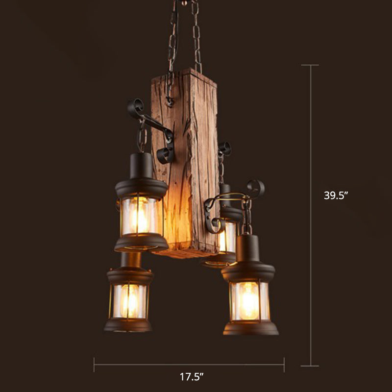 Rustic Glass Lantern Chandelier with 4 Wooden Heads for Restaurants