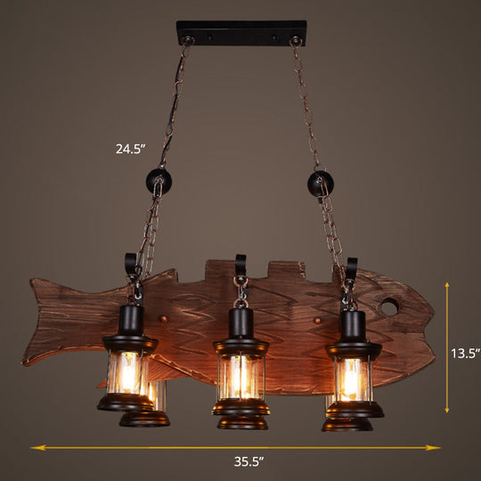 Country Style 6-Bulb Glass Lantern Island Pendant Light With Wooden Fish Deco