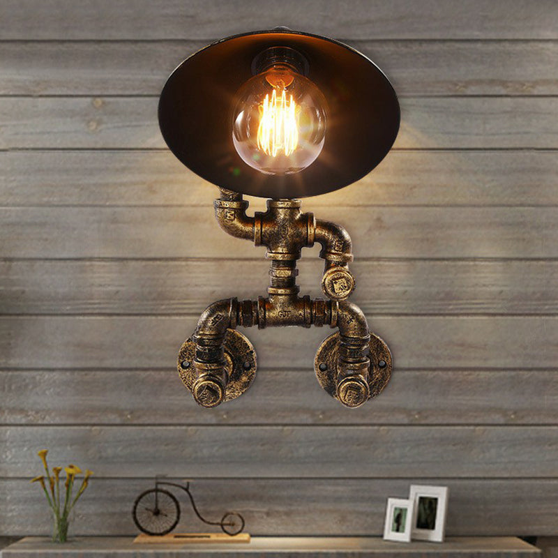 Steampunk Iron Pipe Man Wall Mount Light With Flared Bronze Shade - Bedroom Lamp (1 Head)