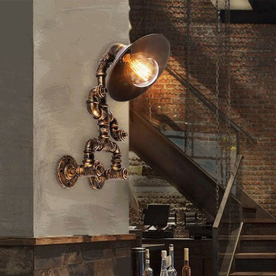 Steampunk Iron Pipe Man Wall Mount Light With Flared Bronze Shade - Bedroom Lamp (1 Head)