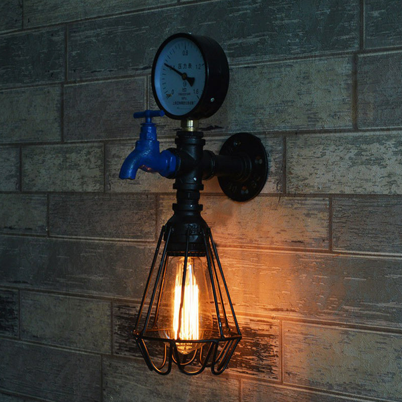 Black Industrial Water Tap Sconce Lighting With Cage And Gauge - 1 Head Metal Wall Lamp Fixture