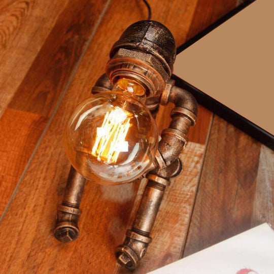 1-Light Industrial Robot Table Lamp - Antiqued Bronze Metal Nightstand Light For Bedroom