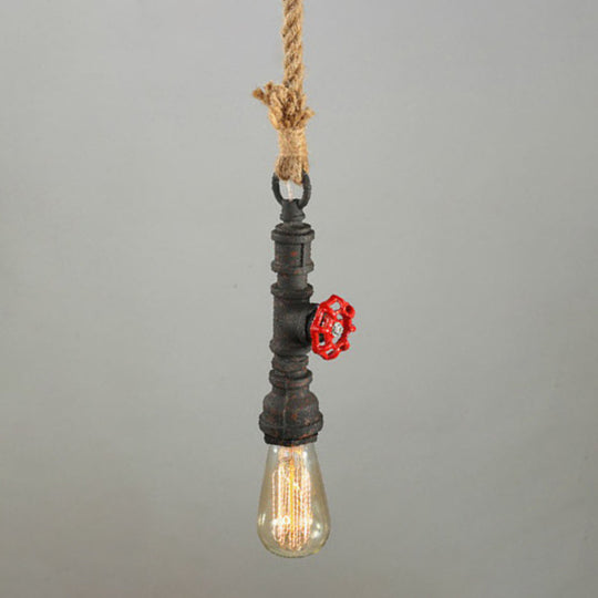 Black Country Piping Hanging Lamp: Single-Bulb Iron Pendant Light Fixture With Water Valve & Rope