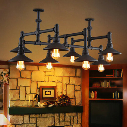 Industrial Black Iron Pendant Chandelier With Conical Lampshade And Piping Detail