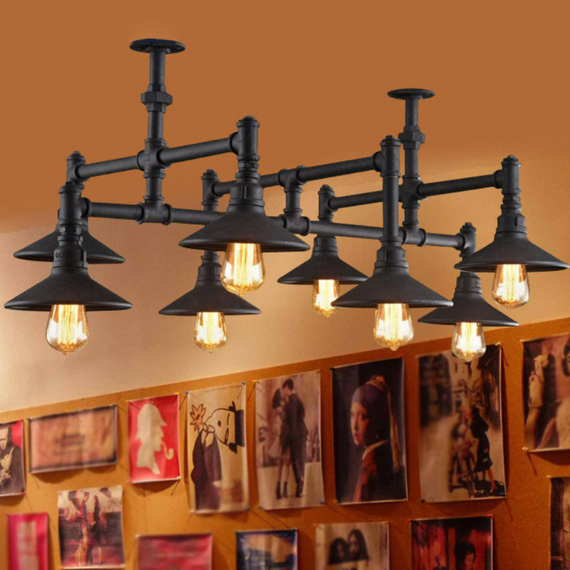 Industrial Black Piping Chandelier with Conical Lampshade & Iron Finish