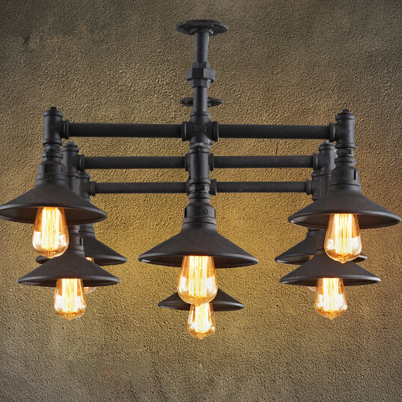 Industrial Black Iron Pendant Chandelier With Conical Lampshade And Piping Detail