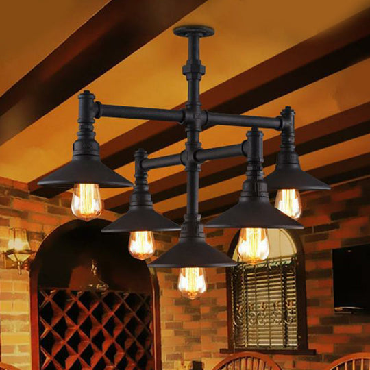 Industrial Black Piping Chandelier with Conical Lampshade & Iron Finish