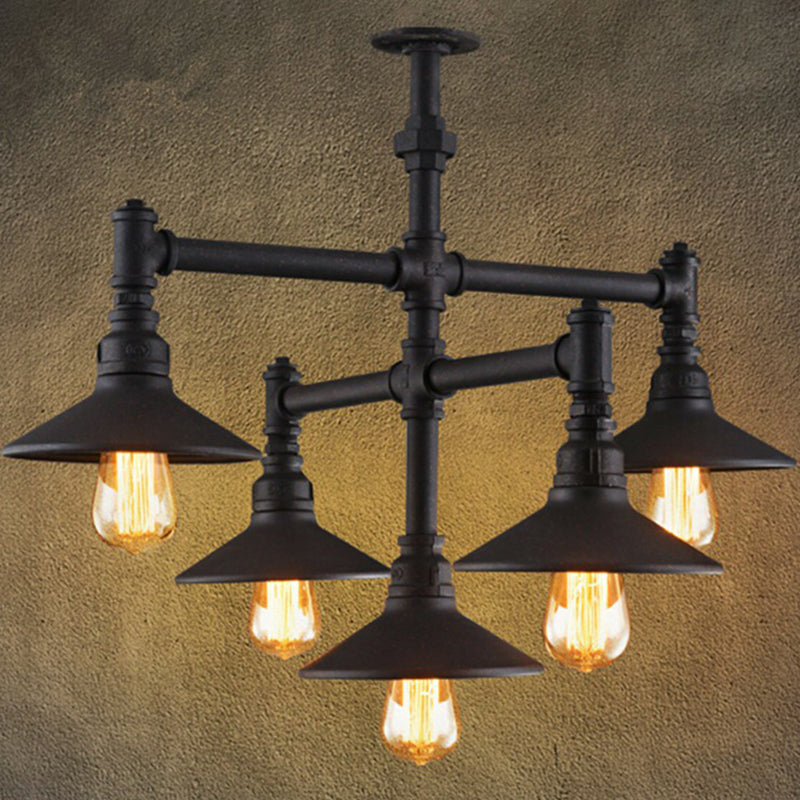 Industrial Black Iron Pendant Chandelier With Conical Lampshade And Piping Detail