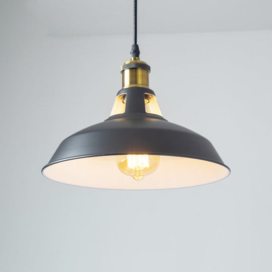 Rustic Pot-Lid Suspension Lighting: 1-Head Iron Hanging Light With Venting Hole For Bar Black Outer