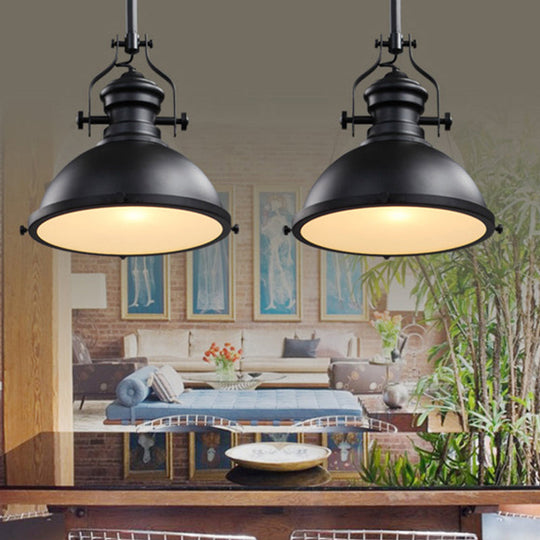 Vintage Bowl Pendant Light In Black With Frosted Glass Cover